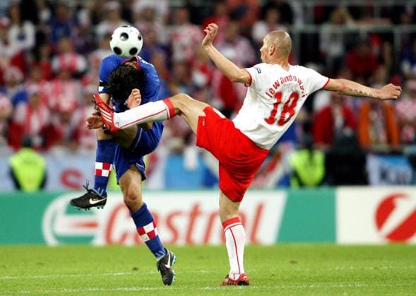 Nikola Pokrivac (Kroatien, li.) gegen Mariusz Lewandowski (Polen) - Fußball EM Herren EURO 2008, Länderspiel, Nationalmannschaft, Nationaltrikot Gruppe Klagenfurt Dynamik, Kampf, Fußball EM Herren EURO 2008, Länderspiel, Nationalmannschaft, Nationaltrikot Gruppe Klagenfurt Dynamik, Kampf,