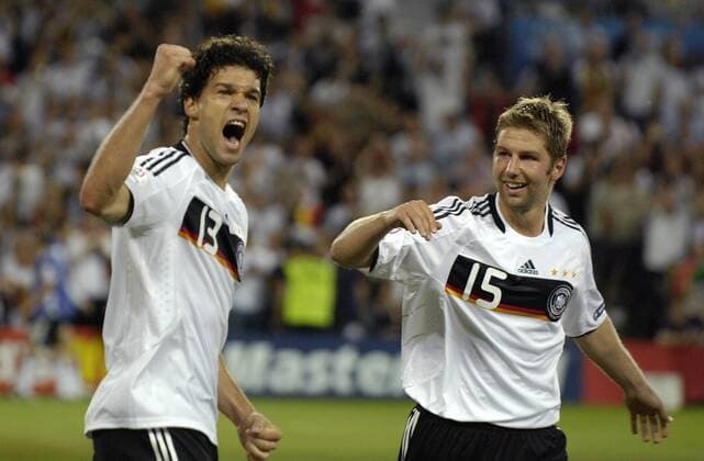 Michael Ballack (li.) und Thomas Hitzlsperger (beide Deutschland) - Torjubel Fußball EM Herren Euro 2008, Länderspiel, Viertelfinale, Nationalteam, Nationaltrikot Gruppe Basel Begeisterung, Freude,
