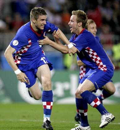 Ivan Klasnic (li.) und Ivan Rakitic (beide Kroatien) - Torjubel -  Fußball EM Herren Euro 2008, Länderspiel, Nationalteam, Nationaltrikot, Viertelfinale Gruppe Wien Freude, Begeisterung,