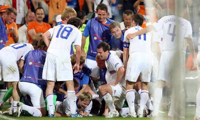 Torjubel Russland -  Fußball EM Herren EURO 2008, Länderspiel, Nationalmannschaft, Nationaltrikot Viertelfinale Totale premiumd Basel Glück, Freude, Begeisterung,