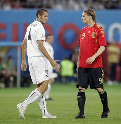 Giorgio Chiellini (Italien, li.) und Fernando Torres (Spanien) -  - NOxONLINExUSE Fußball Länderspiel Herren EURO 2008, EM, Nationalteam, Nationaltrikot, Gruppe Wien Spannung,