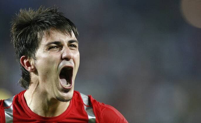 David Villa (Spanien) - Schlussjubel -  Fußball EM Herren EURO 2008, Länderspiel, Nationalmannschaft, Nationaltrikot, Viertelfinale Einzelbild Wien Freude, Begeisterung,