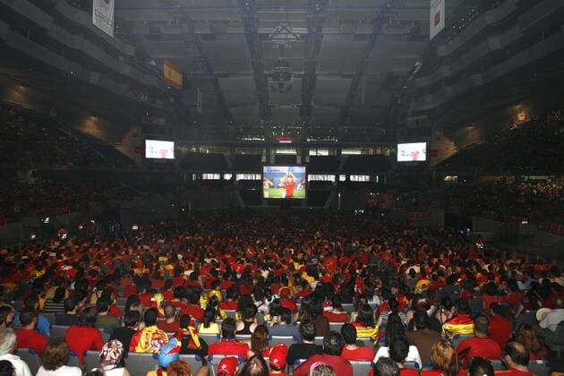 Spanische Fans beim Public Viewing des EM Finales 2008 im Palacio de Deportes in Madrid -  - NOxONLINExUSE Fußball EM Herren EURO 2008, Public Viewing, Live Übertragung, Fußballübertragung, Liveübertragung, Länderspiel, Totale Madrid