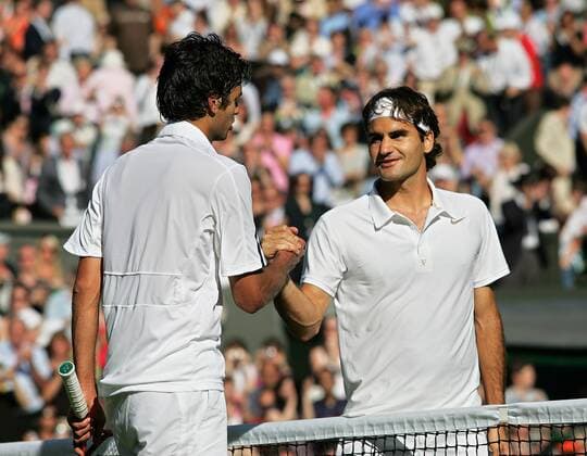 Roger Federer (Schweiz, re.) gewinnt gegen Mario Ancic (Kroatien) -  Tennis Herren All England Championships 2008, ATP Tour, Grand Slam Gruppe Wimbledon London