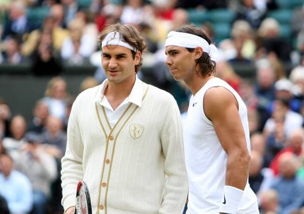 Roger Federer (Schweiz, li.) und Rafael Nadal (Spanien) stehen im Finale der All England Championships 2008 -  Tennis Herren All England Championships 2008, Grand Slam, ATP Tour, Finale Gruppe Wimbledon London