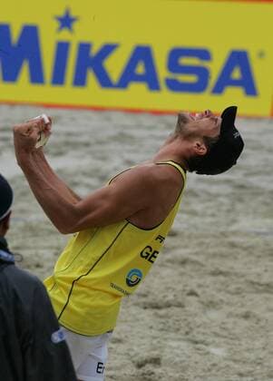 Eric Koreng (Deutschland) jubelt -  Beachvolleyball Herren Swatch FIVB World Tour 2008, WorldTour, Beach, Grand Slam Einzelbild Moskau Freude, Begeisterung,