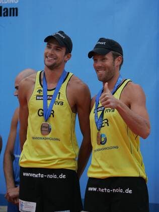 Eric Koreng (li.) und David Klemperer (beide Deutschland) belegen den 3. Platz beim Grand Slam 2008 in Moskau -  Beachvolleyball Herren Swatch FIVB World Tour 2008, WorldTour, Beach, Grand Slam Gruppe Moskau Freude,