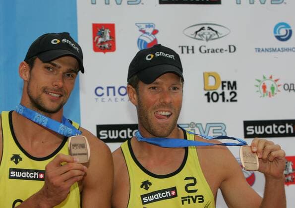 Eric Koreng (li.) und David Klemperer (beide Deutschland) belegen den 3. Platz beim Grand Slam 2008 in Moskau -  Beachvolleyball Herren Swatch FIVB World Tour 2008, WorldTour, Beach, Grand Slam Gruppe Moskau Freude,