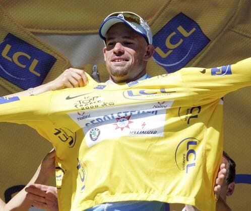 Stefan Schumacher (Deutschland Gerolsteiner) im gelben Trikot nach der 5. Etappe der Tour de France 2008 Radsport Herren Tour de France 2008, Straßenradsport, Straße, Rad Einzelbild 5. Etappe: Cholet - Chateauroux