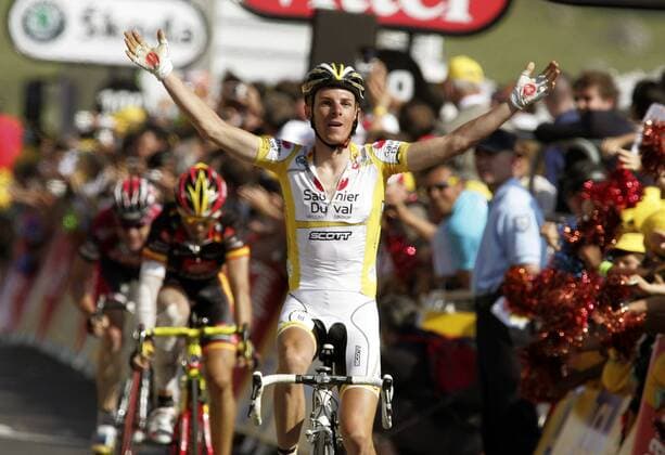 Riccardo Ricco (Italien Saunier Duval Scott) gewinnt die 6. Etappe der Tour de France 2008 Radsport Herren Tour de France 2008, Straßenradsport, Straße, Rad Einzelbild 6. Etappe: Aigurande - Super Besse Freude,