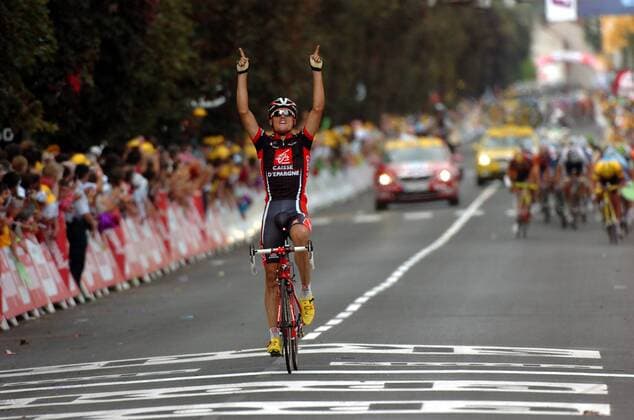 Luis Leon Sanchez (Spanien Caisse d Epargne) jubelt über den Gewinn der 7. Etappe der Tour de France 2008 -  Radsport Herren Tour de France 2008, Straßenradsport, Straße, Rad Totale 7. Etappe: Brioude - Aurillac Freude,