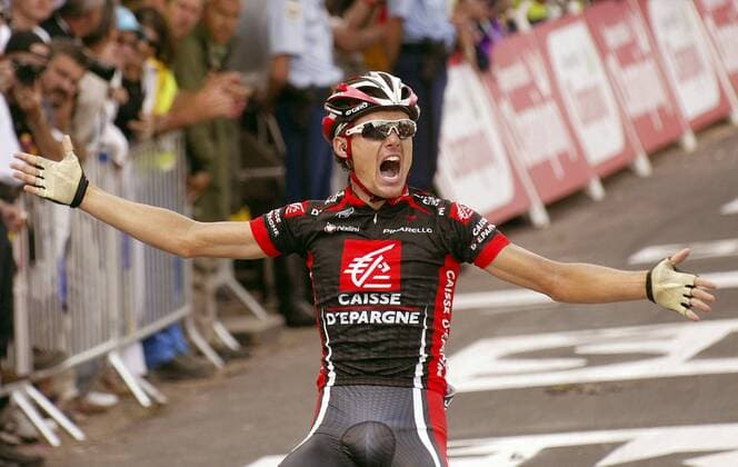 Luis Leon Sanchez (Spanien Caisse d Epargne) gewinnt die 7. Etappe der Tour de France 2008 von Brioude nach Aurillac Radsport Herren Tour de France 2008, Straßenradsport, Straße, Rad Einzelbild 7. Etappe: Brioude - Aurillac Glück, Freude, Begeisterung,