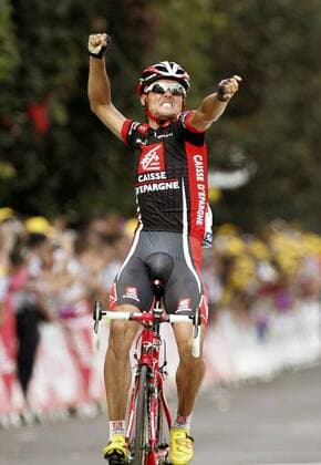 Luis Leon Sanchez (Spanien Caisse d Epargne) gewinnt die 7. Etappe der Tour de France 2008 von Brioude nach Aurillac Radsport Herren Tour de France 2008, Straßenradsport, Straße, Rad Einzelbild 7. Etappe: Brioude - Aurillac Freude, Begeisterung,