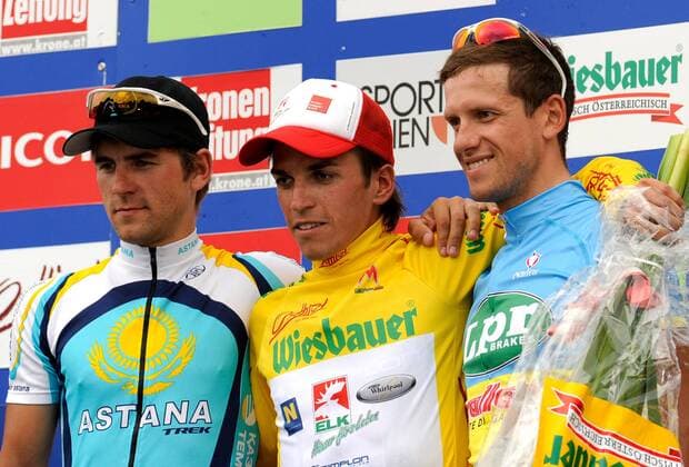 Siegerehrung Österreich Rundfahrt 2008, v.li.: Vladimir Gusev (Rußland Astana), Sieger Thomas Rohregger (Österreich ELK) und Ruslan Pidgorny (Ukraine LPR) -  Radsport Herren Österreich Rundfahrt 2008, Österreichrundfahrt, Straßenradsport, Straße, Rad Gruppe 7. Etappe: Podersdorf - Wien Freude,