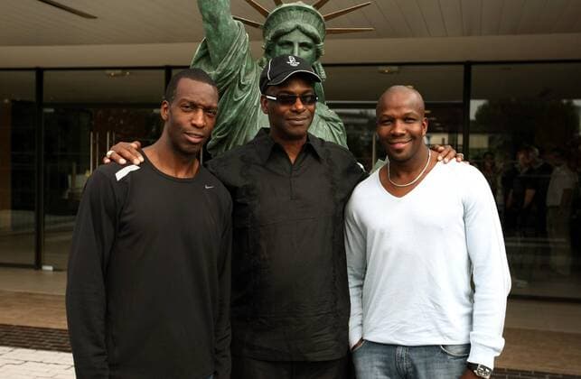 Pressetermin Meeting Gaz de France 2008, v.li.: Michael Johnson, Bob Beamon (beide USA) und Donovan Bailey (Kanada) -  (pan26902) Leichtathletik Herren Meeting Gaz de France 2008, IAAF Golden League, Leichtathletikmeeting, Pressetermin Gruppe Paris