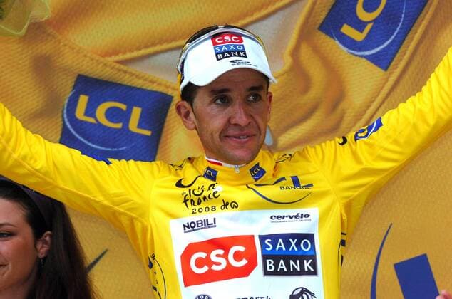 Carlos Sastre (Spanien CSC) - Siegerehrung im gelben Trikot -  Radsport Herren Tour de France 2008, Straßenradsport, Straße, Rad Einzelbild 19: Etappe: Roanne - Montlucon Freude,
