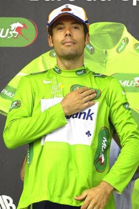 Oscar Freire Gomez (Spanien Rabobank) im grünen Trikot bei der Siegerehrung der 20. Etappe der Tour de France 2008 -  Radsport Herren Tour de France 2008, Rad, Straße, Straßenradsport, Zeitfahren, Einzelzeitfahren Einzelbild 20. Etappe: Cerilly - Saint Amand Montrond Freude,