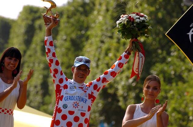 Bernhard Kohl (Österreich Gerolsteiner), Gewinner des Bergtrikots bei der Tour de France 2008 -  Radsport Herren Tour de France 2008, Straßenradsport, Straße, Rad, Siegerehrung Gruppe Champs Elysees, Elysee 21. Etappe: Etampes - Paris Freude,