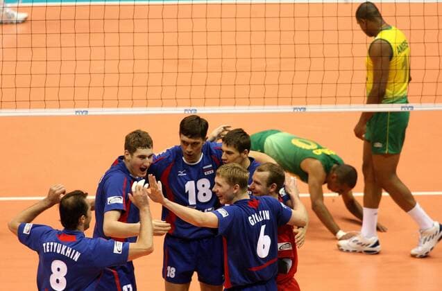 Jubel Rußland -  Volleyball Länderspiel Herren FIVB World League 2008, Worldleague, Weltliga, Nationalteam, Nationaltrikot Gruppe Rio de Janeiro Freude,