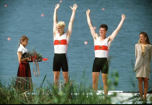 Colin Ettingshausen und Peter Höltzenbein (beide Deutschland), Zweite der Olympischen Spiele 1992 in Barcelona Rudern OS Sommer Herren Olympische Spiele 1992, Sommerspiele, Zweier, 2er, 2 er Gruppe Barcelona Freude,