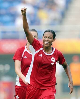 Candace Chapman (Kanada) - Torjubel - Fußball OS Sommer Damen Olympische Spiele Peking 2008, Sommerspiele, Länderspiel, Frauen, Frauenfußball Einzelbild Tianjin Freude,