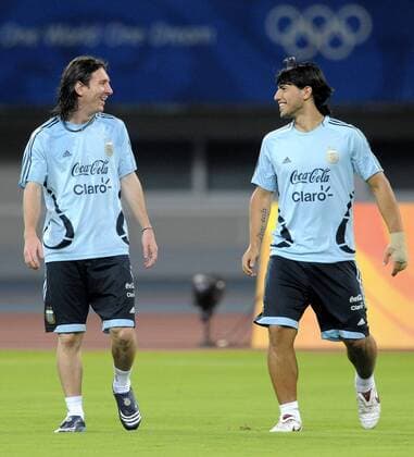 Lionel Messi (li.) und Sergio Agüero (beide Argentinien) - Fußball OS Sommer Herren Olympische Spiele 2008, Sommerspiele, Nationalteam, Olympiateam, Training, Vdig Gruppe Peking Shangai