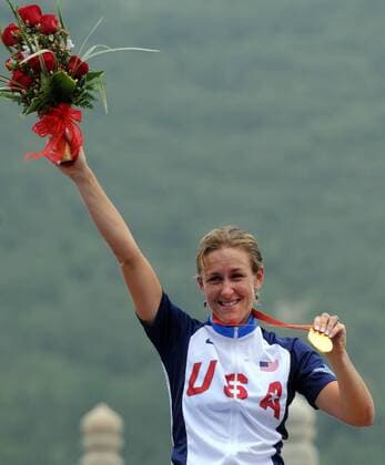 Kristin Armstrong (USA) - Olympiasiegerin im Zeitfahren -  Radsport OS Sommer Damen Olympische Spiele Peking 2008, Sommerspiele, Straßenradsport, Straße, Rad, Einzelbild Peking Freude,
