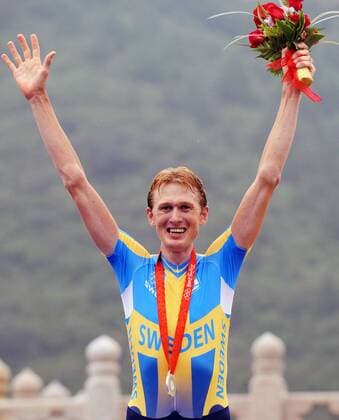 Gustav Larsson (Schweden) - Silber im Zeitfahren in Peking 2008 -  Radsport OS Sommer Herren Olympische Spiele Peking 2008, Sommerspiele, Straßenradsport, Straße, Rad, Einzelzeitfahren Einzelbild Peking Freude,