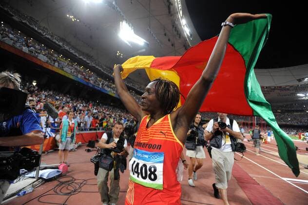 Francoise Mbango Etone (Kamerun) - Dreisprung Olympiasiegerin 2008 -  Leichtathletik OS Sommer Damen Olympische Spiele Peking 2008, Sommerspiele, Marathon Einzelbild o0 Nationaltrikot, Peking Freude,