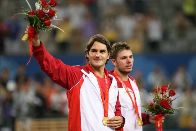 Roger Federer (li.) und Stanislas Wawrinka (beide Schweiz), Olympiasieger 2008 im Doppel Tennis OS Sommer Herren Olympische Spiele 2008, Sommerspiele Gruppe Peking Freude,
