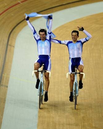 Juan Esteban Curuchet (re.) und Walter Fernando Perez (beide Argentinien) - Olympiasieger 2008 im Madison -  Radsport OS Sommer Herren Olympische Spiele Peking 2008, Sommerspiele, Nationaltrikot, Gruppe Peking Freude,