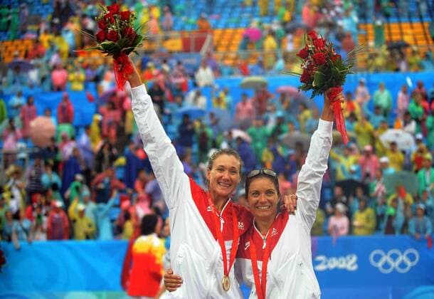 Kerri Walsh (li.) und Misty May Treanor (beide USA) - Olympiasieger 2008 im Beachvolleyball -  Beachvolleyball OS Sommer Damen Olympische Spiele 2008, Sommerspiele, Beach, premiumd, Aufmacher Gruppe Peking Freude,