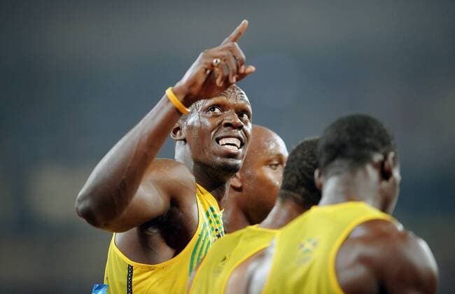 Jamaika ist Olympiasieger 2008 in der 4x100m Staffel - Usain Bolt (li.) jubelt - Leichtathletik OS Sommer Herren Olympische Spiele Peking 2008, Sommerspiele, 4x100m Staffel Gruppe Nationaltrikot Peking Freude,