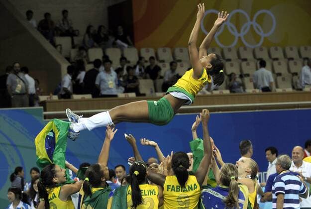 Olympiasieger Brasilien jubelt -  Volleyball OS Sommer Damen Olympische Spiele 2008, Sommerspiele, Länderspiel, Nationalteam, Nationaltrikot Totale Peking Freude, Begeisterung,