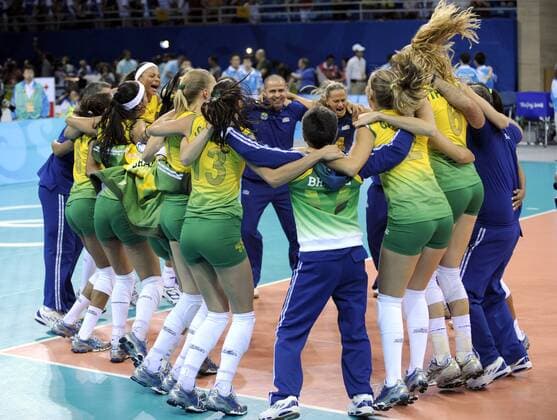 Olympiasieger Brasilien jubelt -  Volleyball OS Sommer Damen Olympische Spiele 2008, Sommerspiele, Länderspiel, Nationalteam, Nationaltrikot Totale Peking Freude, Begeisterung,