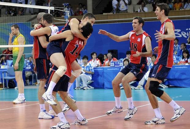 USA ist Olympiasieger 2008 -  Volleyball OS Sommer Herren Olympische Spiele Peking 2008, Sommerspiele, Nationalteam, Nationaltrikot, Finale Gruppe Peking Freude, Begeisterung,