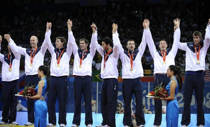 USA ist Olympiasieger 2008 im Volleyball -  Volleyball OS Sommer Herren Olympische Spiele Peking 2008, Sommerspiele, Länderspiel, Nationalteam, Gruppe Peking Freude,
