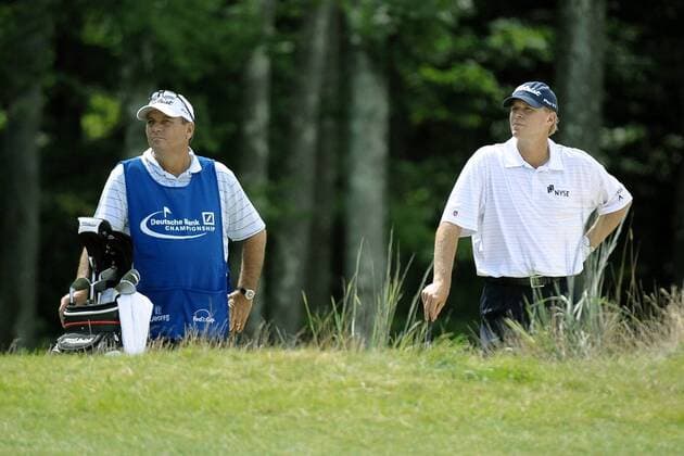 Steve Stricker (USA, re.) mit Caddie Jimmy Johnson - (Icon2872431) Golf Herren Deutsche Bank Championship 2008, TPC of Boston, PGA Tour, Pro Am, ProAm Gruppe Norton EDITORIAL USE ONLY