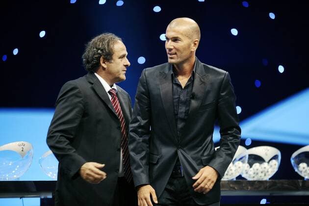 UEFA Präsident Michel Platini (li.) und Zinedine Zidane (beide Frankreich) -  (pan27683) Fußball EC 1 Herren Champions League Auslosung 2008 2009, Ziehung, Gruppenziehung, Gruppenauslosung, Gruppen Gruppe Monaco o0 Monte Carlo