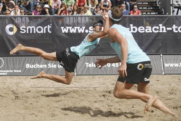 Eric Koreng (li.) und David Klemperer (beide Deutschland) Beachvolleyball LM Herren Deutsche Smart Meisterschaft 2008, DM, Beach Gruppe Timmendorf, Timmendorfer Strand Dynamik,
