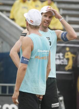 Christoph Dieckmann (re.) und Julius Brink (beide Deutschland) Beachvolleyball LM Herren Deutsche Smart Meisterschaft 2008, DM, Beach Gruppe Timmendorf, Timmendorfer Strand Freude,