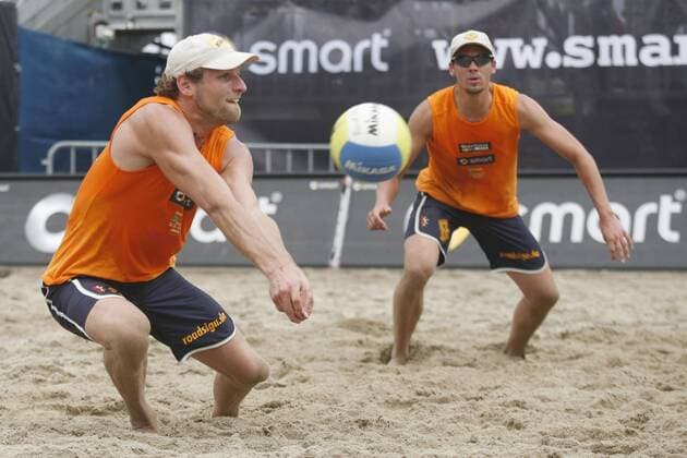 Stefan Schmeckenbecher (li.) und Raimund Wenning (beide Deutschland) Beachvolleyball LM Herren Deutsche Smart Meisterschaft 2008, DM, Beach Gruppe Timmendorf, Timmendorfer Strand Dynamik,