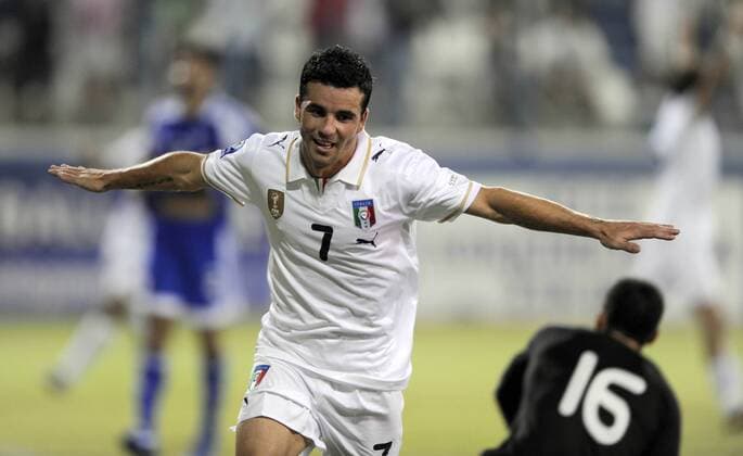 Antonio di Natale (Italien) -Torjubel -  Fußball Länderspiel Herren WM Qualifikation 2008, Nationalteam, Nationaltrikot, Italien Einzelbild Larnaca Freude,