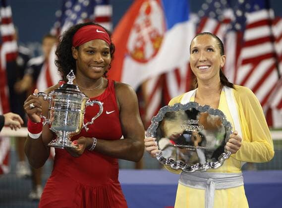 Siegerin Serena Williams (USA, li.) und Finalistin Jelena Jankovic (Serbien) präsentieren ihre Trophäen der US Open 2008 Tennis Damen US Open 2008, Grand Slam, WTA Tour Finale Gruppe Flushing Meadow New York, NY N Y Freude,