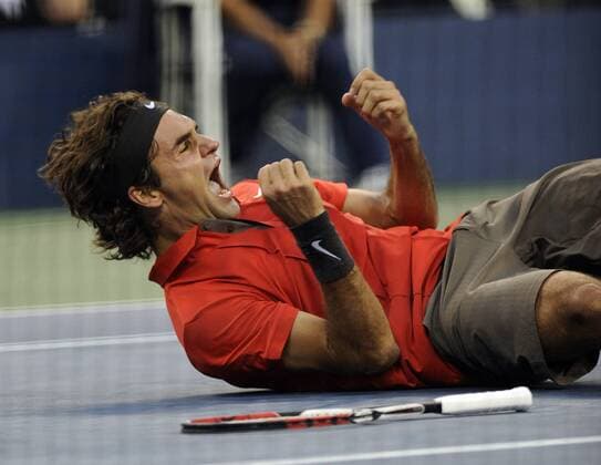 Roger Federer (Schweiz) - US Open Sieger 2008 Tennis Herren US Open 2008, Grand Slam, ATP Tour, Finale Einzelbild Flushing Meadow New York, NY N Y Freude, Begeisterung,