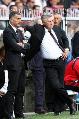 Trainer Carlo Ancelotti (re.) und Co Trainer Mauro Tassotti (beide AC Mailand) -  Fußball Herren Serie A 2008 2009, 1. Italienische Liga, Milan Gruppe Genua
