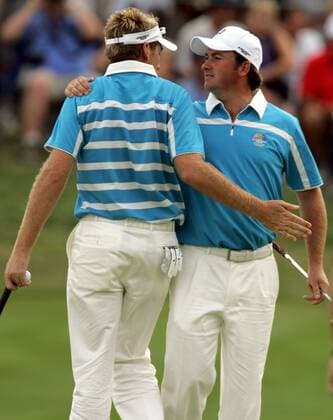 Graeme McDowell (Nordirland, re.) und Ian Poulter (England beide Team Europa) -  (LOU20080912022) Golf Herren Ryder Cup 2008, Rydercup Gruppe Louisville Freude,