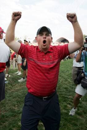 J.B. Holmes (Team USA) jubelt über den Sieg im Ryder Cup 2008 -  (LOU20080912106) Golf Herren Ryder Cup 2008, Rydercup Einzelbild John Louisville Freude, Begeisterung,