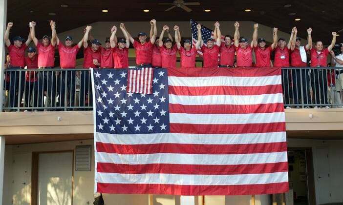 Team USA, Ryder Cup Sieger 2008, v.li.: Jim Furyk, Justin Leonard, Phil Mickelson, Kenny Perry, Chad Campbell, Steve Stricker, Hunter Mahan, Stewart Cink, Co Kapitän Raymond Floyd, Anthony Kim ... -  (LOU20080912108) Golf Herren Ryder Cup 2008, Rydercup Totale Louisville