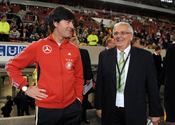 DFB Präsident Dr. Theo Zwanziger (re.) und Bundestrainer Joachim Löw (beide Deutschland) Fußball Herren Nationalteam 2008, Training Gruppe Düsseldorf Freude,